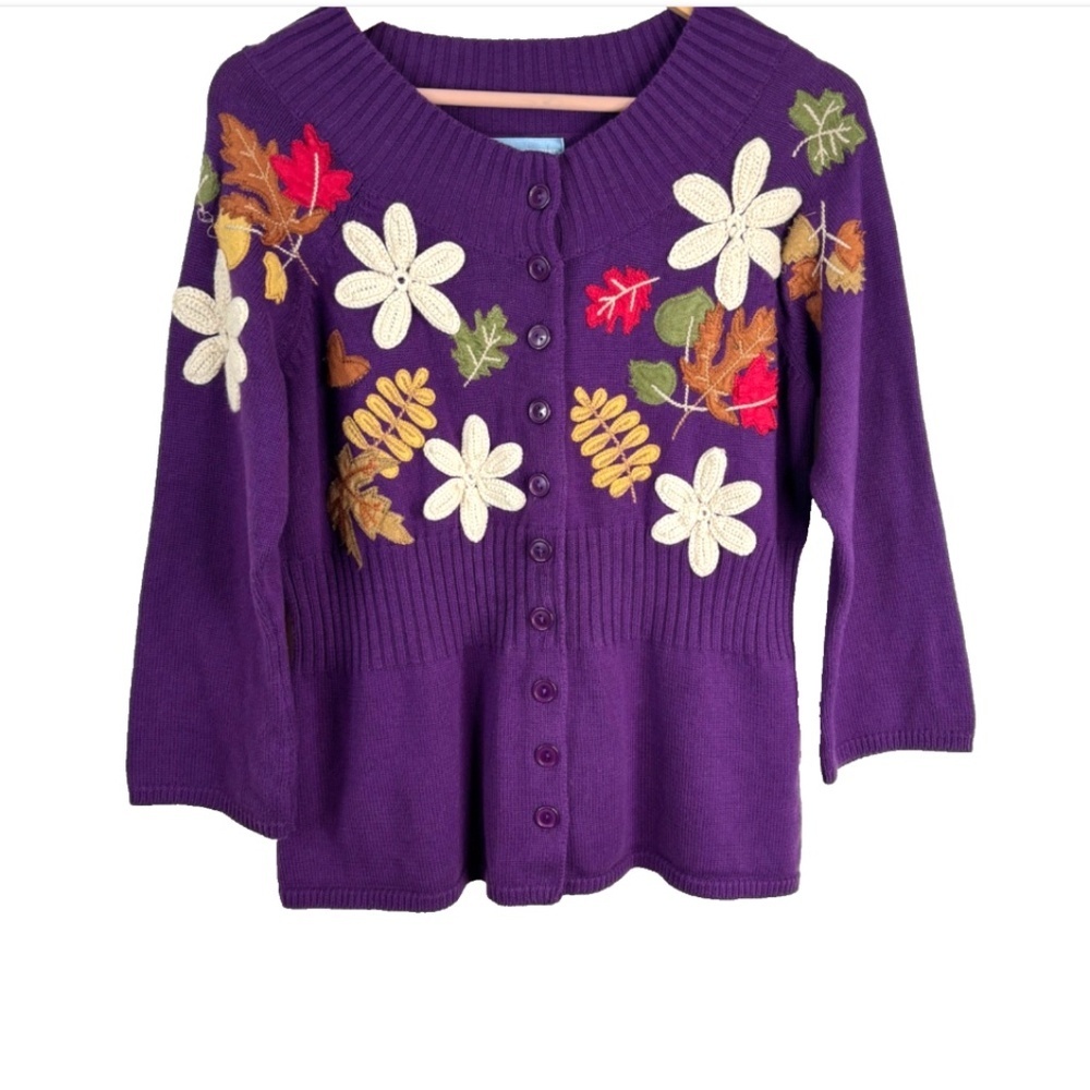 Classic Elements Purple Embroidered Leaf Cardigan XL Cottage Granny 3/4 Sleeve
